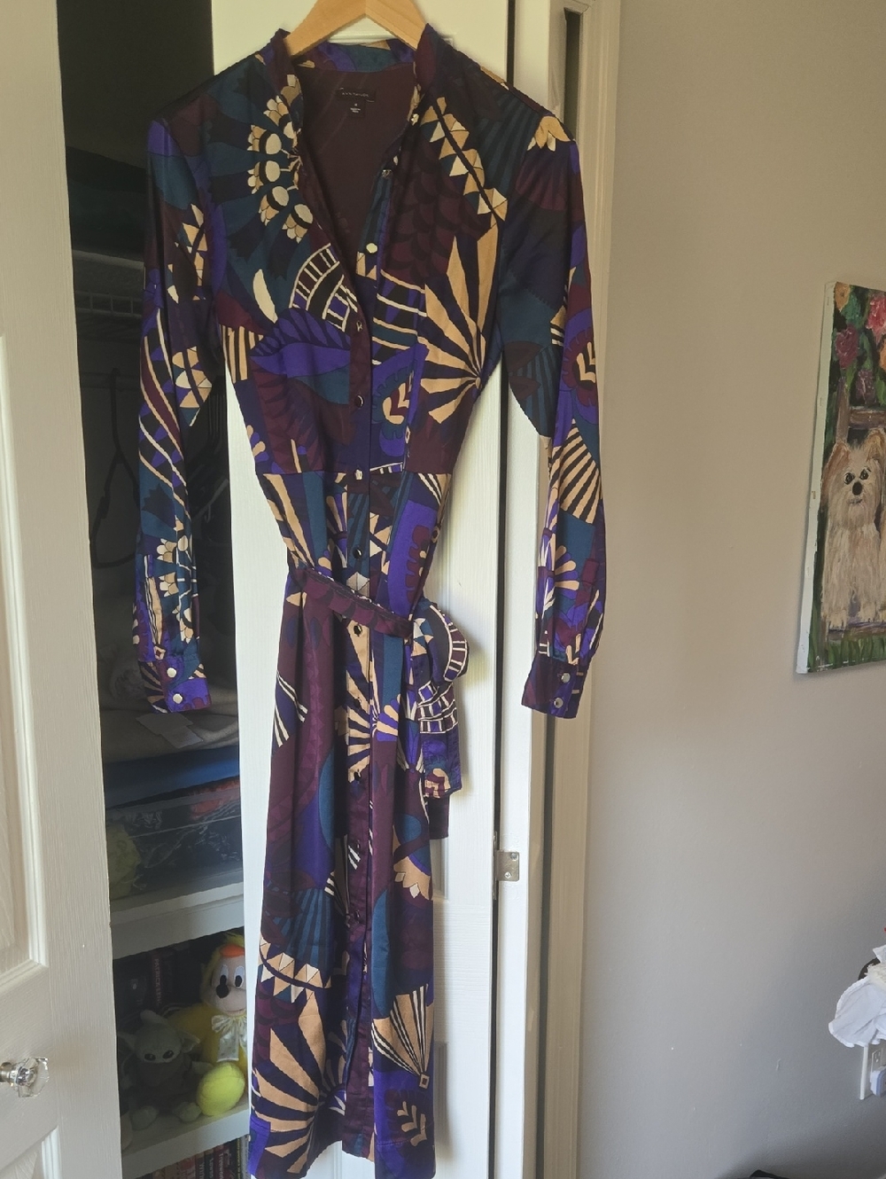 Ann Taylor Purple & Cream Long-Sleeve Patterned Shirt Dress
